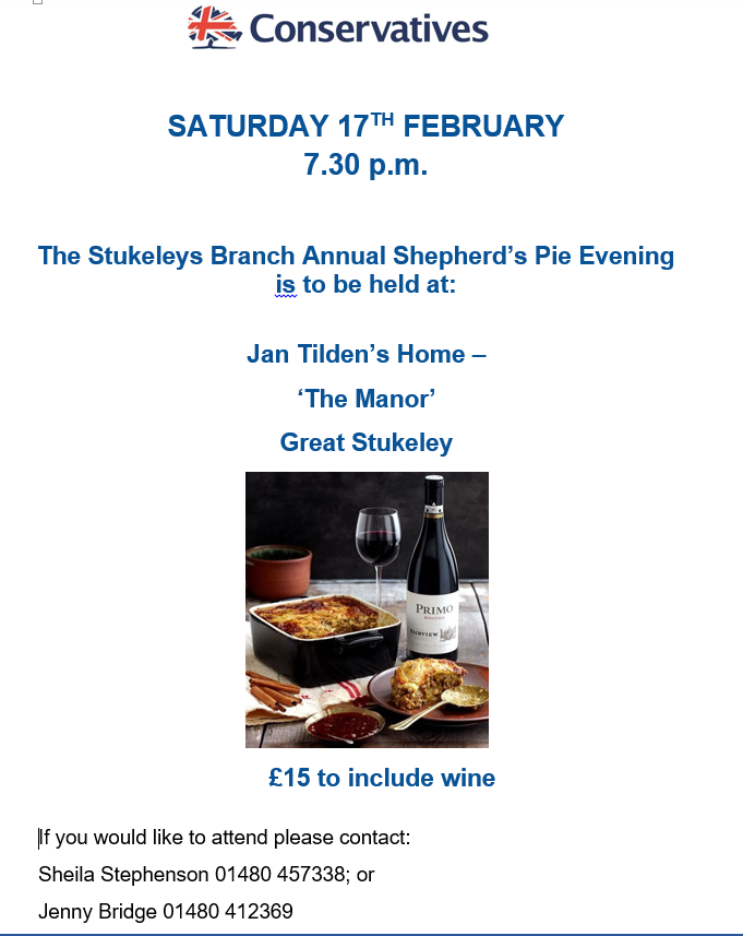 The Stukeleys Branch Annual Shepherd's Pie Evening Saturday 17th February at 7.30 p.m.